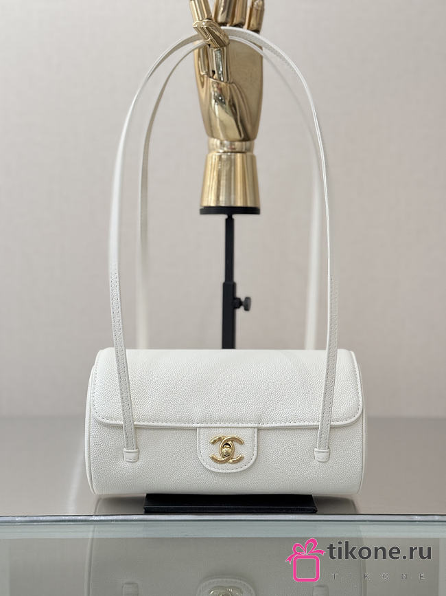 Chanel Small Bowling Bag Grained Shiny Calfskin & Gold-Tone Metal White - 20.5x10x10cm - 1