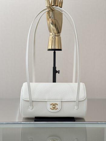 Chanel Small Bowling Bag Grained Shiny Calfskin & Gold-Tone Metal White - 20.5x10x10cm