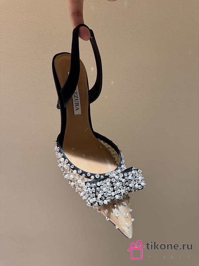  Aquazzura 90mm Bow-Detail Slingback Pumps Black  - 1