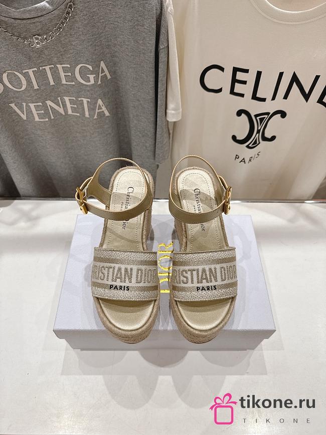 Dior Or Dway Wedge Sandal Laminated Calfskin and Cotton Embroidered with Gold-Tone Metallic Thread 9.5 - 1
