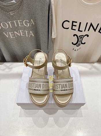 Dior Or Dway Wedge Sandal Laminated Calfskin and Cotton Embroidered with Gold-Tone Metallic Thread 9.5