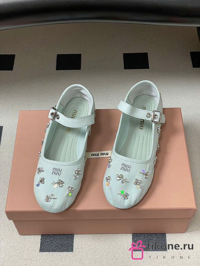 Miumiu Embroidered Drill Ballerinas Powder Blue 5F617E - 1