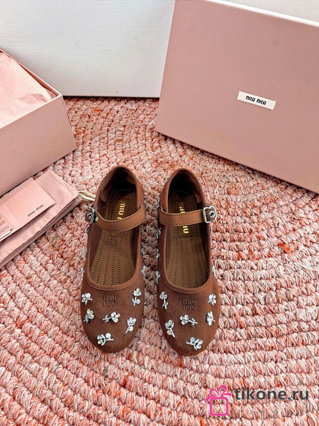 Miumiu Embroidered Drill Ballerinas Cocoa Brown 5F617E - 1