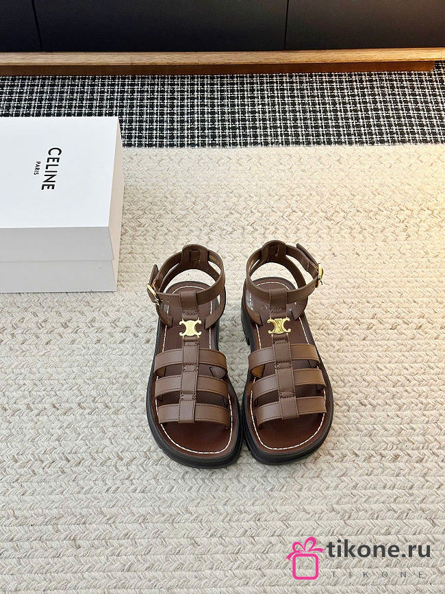 Celine Clea Triomphe Sandal In Calfskin Vegetal Tanning Dark Tan - 1