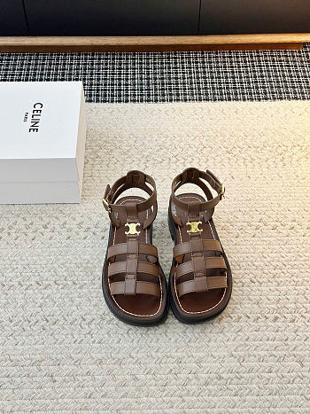 Celine Clea Triomphe Sandal In Calfskin Vegetal Tanning Dark Tan