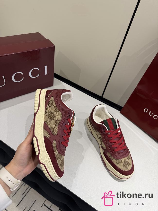 Gucci Re-Web Sneaker Beige and Dark Brown GG Canvas Rosso Ancora Red  - 1