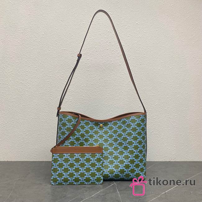 Celine Soft Shopper Bag In Triomphe Canvas And Calfskin Light Kaki/Sky Blue - 32.5x24.5x14cm - 1