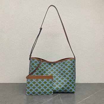 Celine Soft Shopper Bag In Triomphe Canvas And Calfskin Light Kaki/Sky Blue - 32.5x24.5x14cm