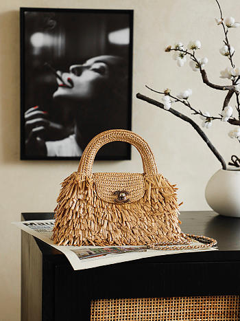 Chanel Mini Shopping Bag Raffia-Effect Fabric Wood & Gold-Tone Metal Dark Beige AS4416 - 19x13x7cm