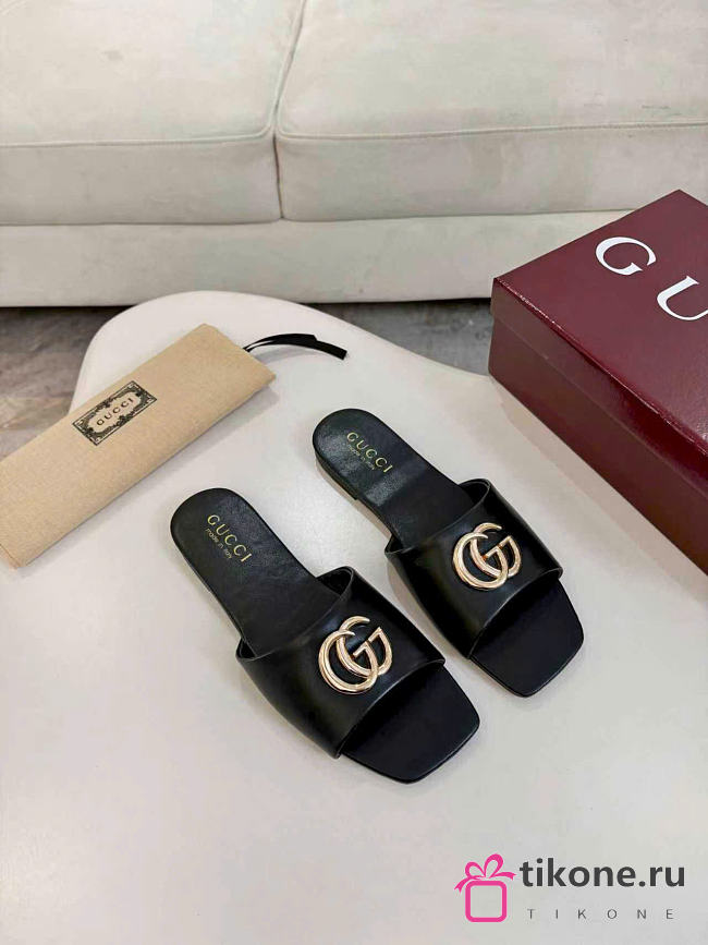 Gucci Slide Sandal with Double G Black Leather - 1