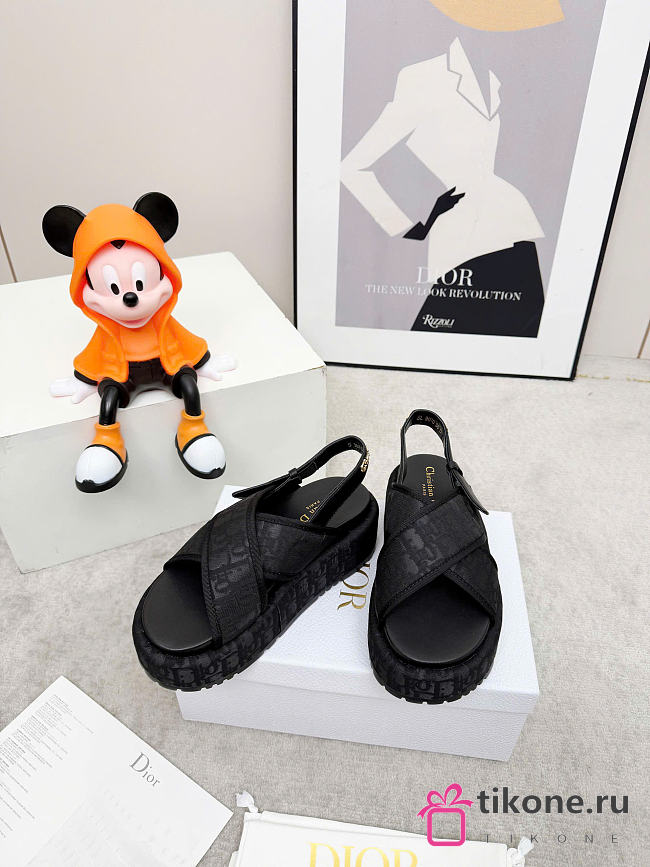 D-Lane Platform Sandal Shiny Technical Fabric with Black Dior Oblique Print 4cm - 1