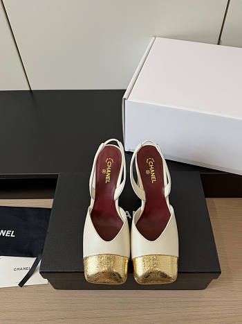 Chanel Slingbacks Lambskin & Crackled Laminated Calfskin White & Gold 90mm