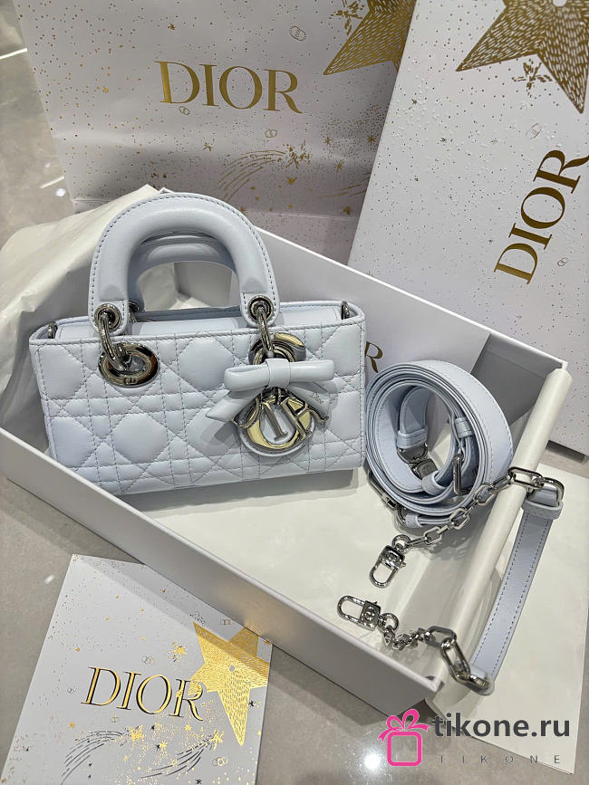 Mini Lady D-Joy Bag Ice Blue Cannage Lambskin - 19x10.5x5.5cm - 1