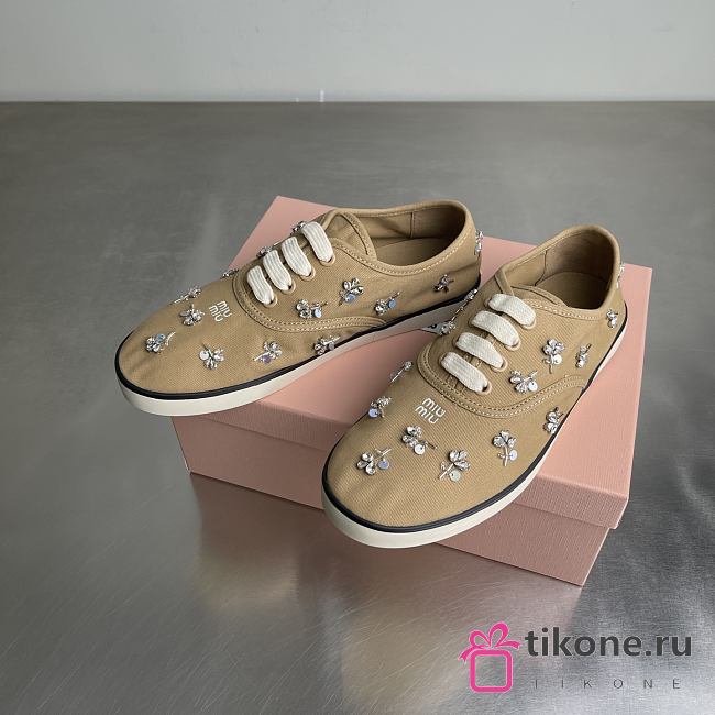 Miumiu Embroidered Drill Sneakers Malt Beige 5E370E - 1