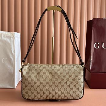 Gucci Half Horsebit Medium Shoulder Bag Sand And Brown GG Canvas 860787 - 31.5x17x12cm