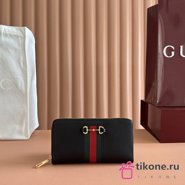 Gucci Horsebit Web Zip Around Wallet In Black Leather 867124 - 19.5x11x3cm - 1