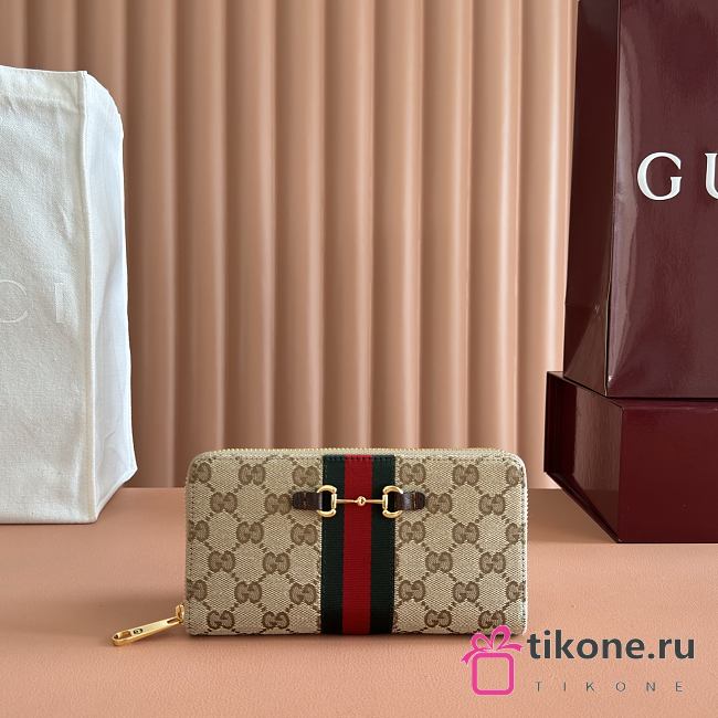 Gucci Horsebit Web Zip Around Wallet In Sand and Brown GG Canvas 867124 - 19.5x11x3cm - 1