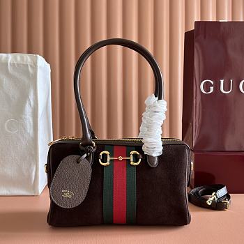 Gucci Borsetto Medium Boston Bag Dark Brown Suede Leather 866732 - 28x15x10cm