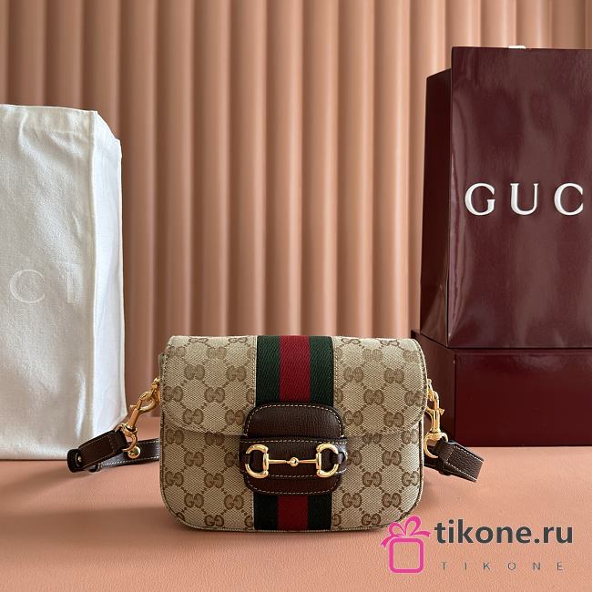 Gucci Horsebit 1955 Small Shoulder Bag Sand And Brown GG Canvas 866762 - 21x14.5x5.5cm - 1