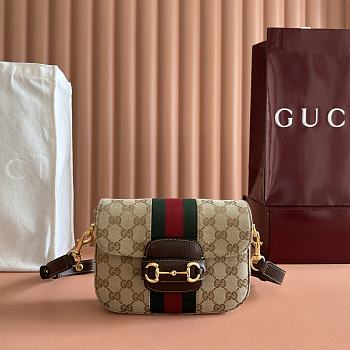Gucci Horsebit 1955 Small Shoulder Bag Sand And Brown GG Canvas 866762 - 21x14.5x5.5cm