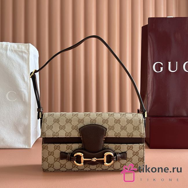 Gucci Horsebit Ristretto Medium Shoulder Bag In Sand And Brown GG Canvas - 26x14.5x4.5cm - 1