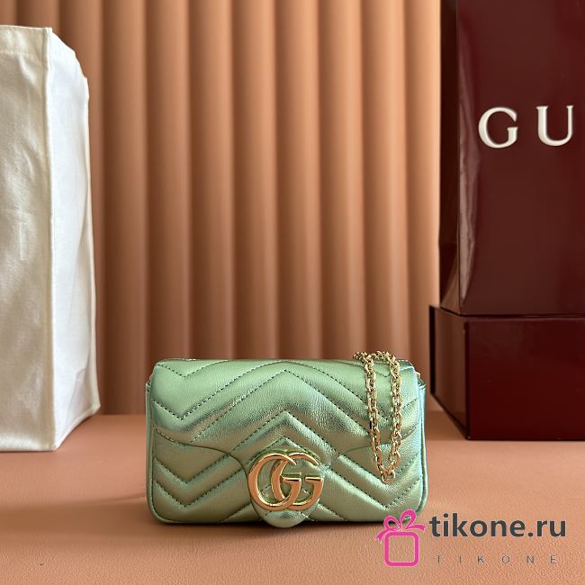 Gucci GG Marmont Mini Shoulder Bag In Metalic Green Leather ‎- 16.5x9.5x4.5cm - 1