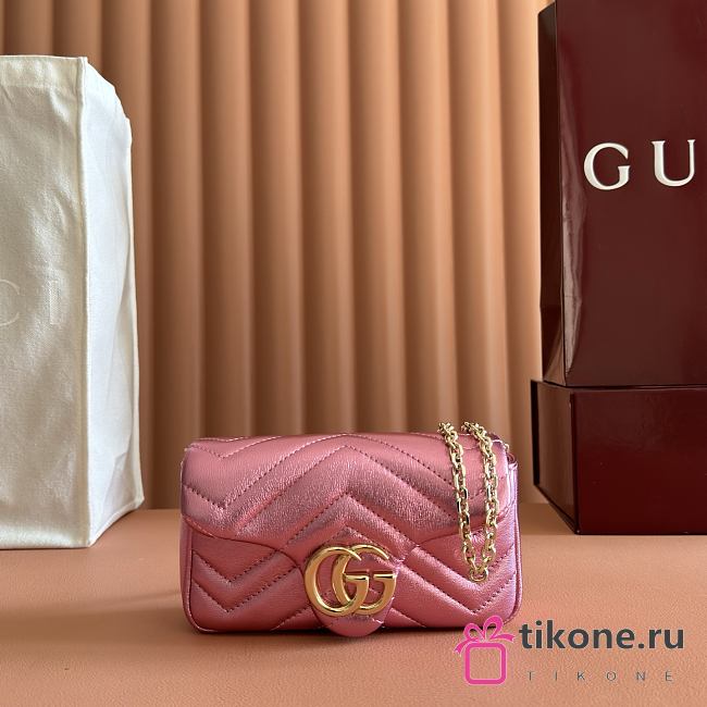 Gucci GG Marmont Mini Shoulder Bag In Metalic Pink Leather ‎- 16.5x9.5x4.5cm - 1