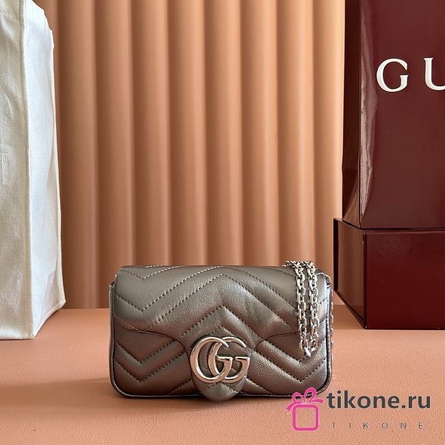 Gucci GG Marmont Mini Shoulder Bag In Metalic Gray Leather ‎- 16.5x9.5x4.5cm - 1