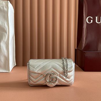 Gucci GG Marmont Mini Shoulder Bag In Metalic Silver Leather ‎- 16.5x9.5x4.5cm