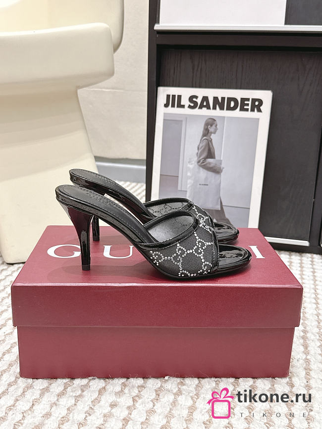 Gucci Women's Slide Sandal With Horsebit Black GG Crystal Mesh 8.5cm - 1