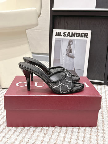 Gucci Women's Slide Sandal With Horsebit Black GG Crystal Mesh 8.5cm