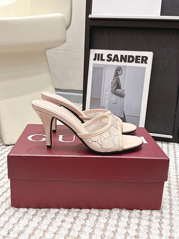 Gucci Women's Slide Sandal With Horsebit Light Pink Beige GG Crystal Mesh 8.5cm