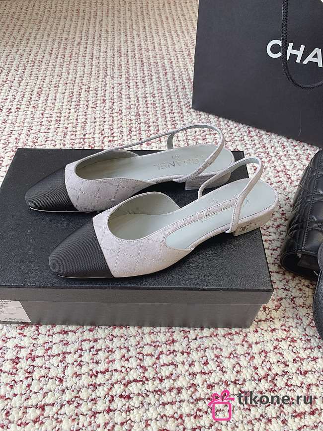 Chanel Slingbacks Suede Goatskin & Grosgrain Gray, Silver & Black 20mm - 1