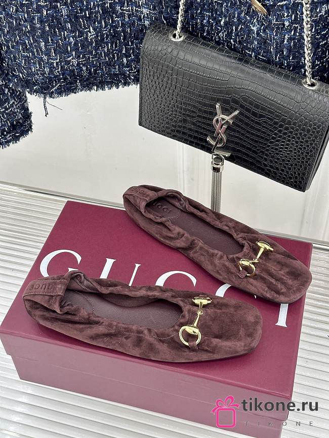 Gucci Prima Ballet Flat In Dark Brown Nubuck Leather 875323 - 1