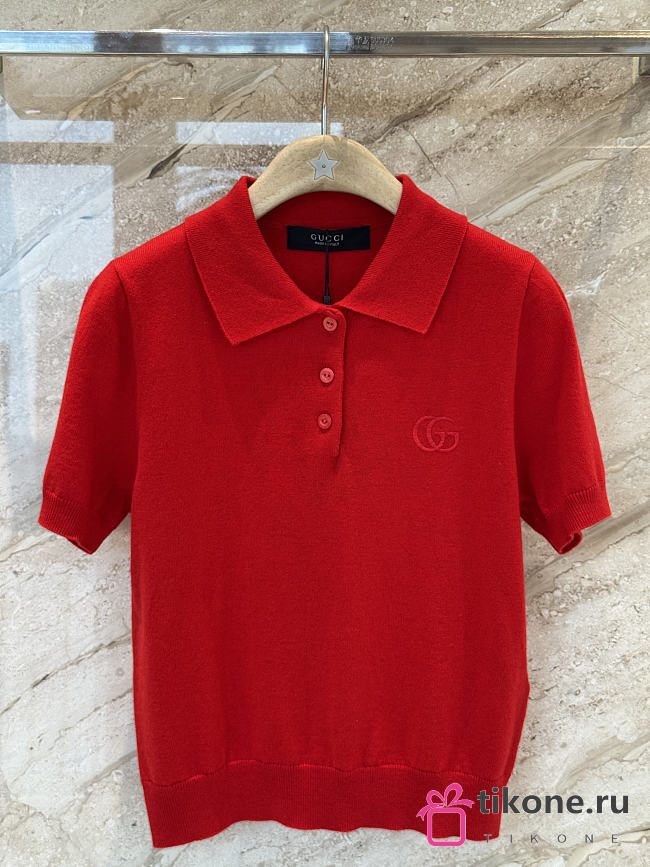 Gucci Knit Wool Polo Shirt With Embroidery In Red ‎867226  - 1