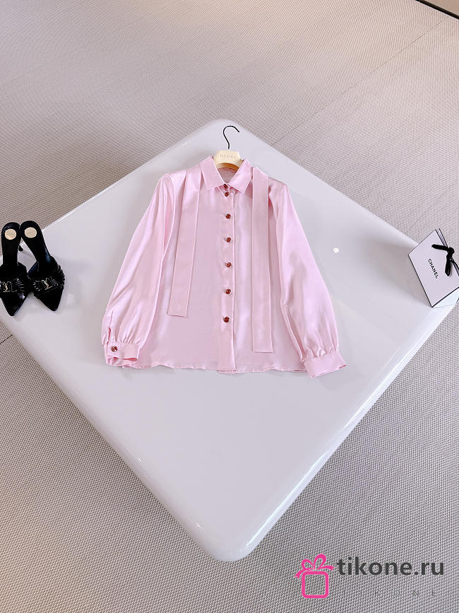 Gucci Silk Twill Shirt With Bow In Light Pink - 1