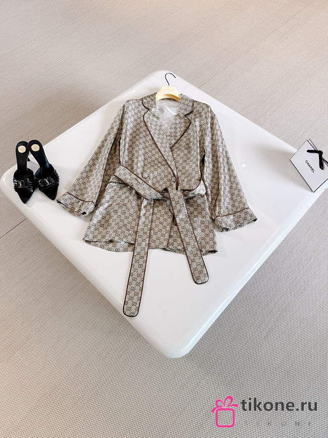 Gucci Printed Silk Twill Shirt In Beige And Dark Brown ‎864562 - 1