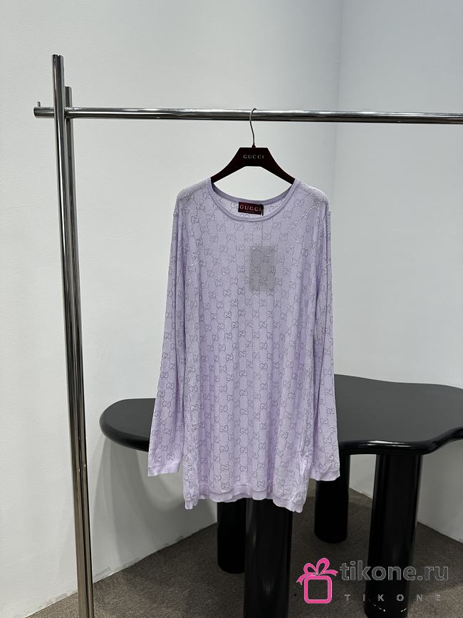 Gucci Fine Silk T-Shirt With GG Crystals In Lilac 852233 - 1
