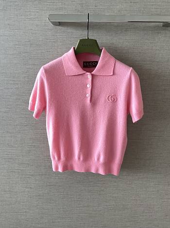 Gucci Knit Wool Polo Shirt With Embroidery In Pink ‎867226