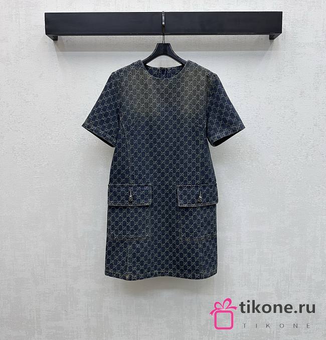 Gucci GG Cotton Denim Jacquard Dress Blue - 1