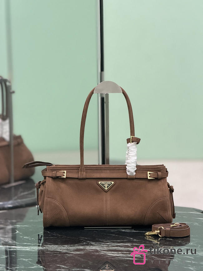 Prada Bonnie Medium Suede Handbag 1BA426 Coca Brown - 32x15.5x12cm - 1