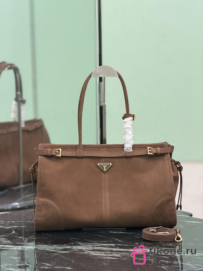 Prada Bonnie Large Suede Handbag 1BA433 Coca Brown - 38x24x12cm - 1