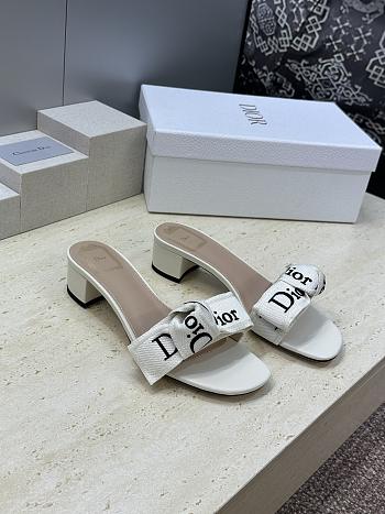 J'Adior Heeled Slide Ivory Embroidered Cotton 3.5cm