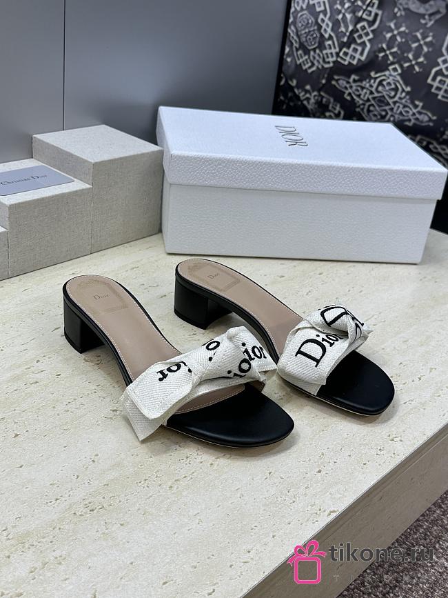 J'Adior Heeled Slide Black Embroidered Cotton 3.5cm - 1