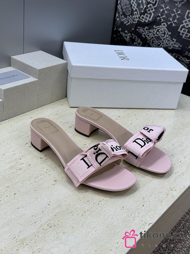J'Adior Heeled Slide Soupir Pink Embroidered Cotton 3.5cm - 1