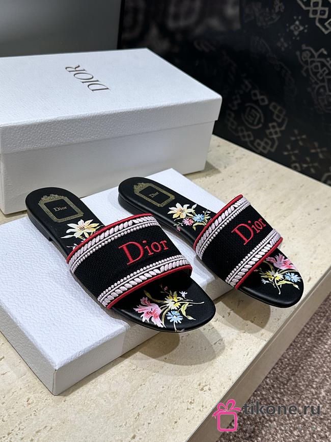 Dway Slide Black Embroidered Cotton and Multicolor Dior Secret Garden Motif - 1