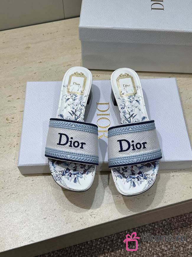 Dioriviera Dway Heeled Slide White and Blue Embroidered Cotton and Toile de Jouy Floral Garden Motif 3.5cm - 1