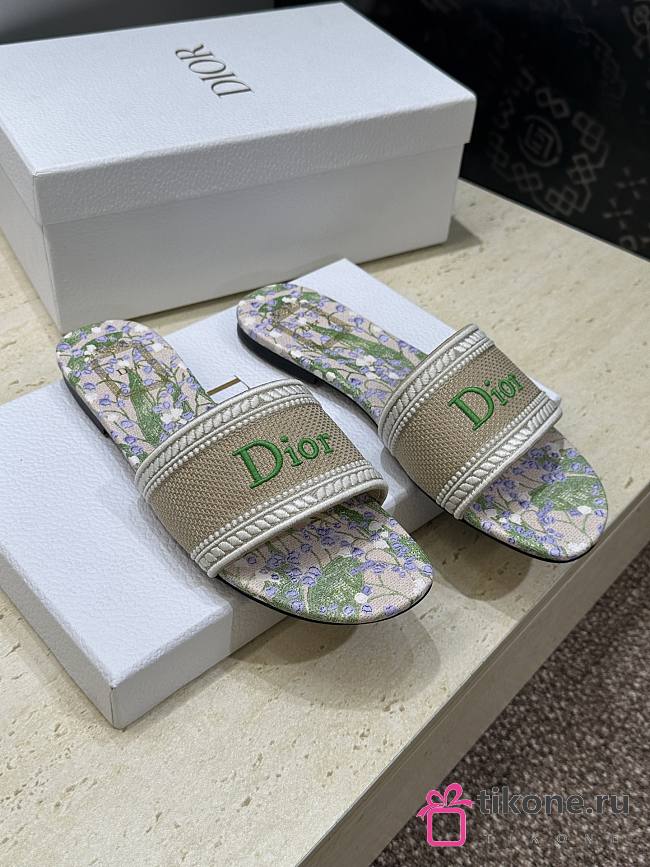 Dior Dway Slide Natural Embroidered Cotton and Multicolor Lily of the Valley Motif - 1