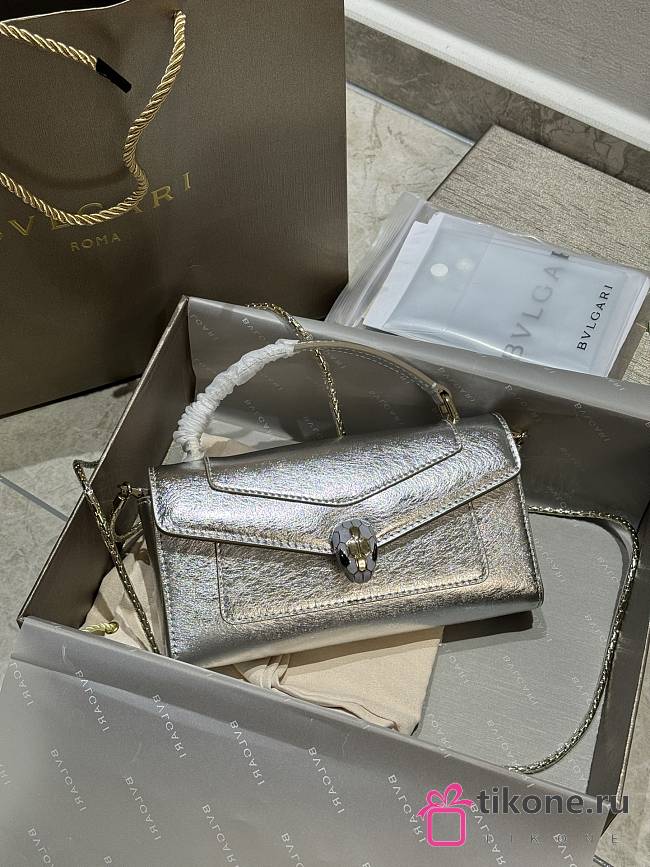 Bvlgari Serpenti Forever Phone Case In Silver Striated Calf Leather - 19x10x3.5cm - 1