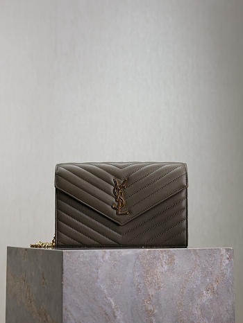 YSL Cassandre Envelope Chain Wallet In Lambskin Gray - 22.5x14x4cm